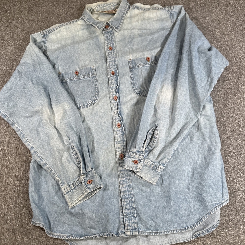 Vintage Denim Button Up Shirt Mens Large XL Light Wash Workwear Long Sleeve
